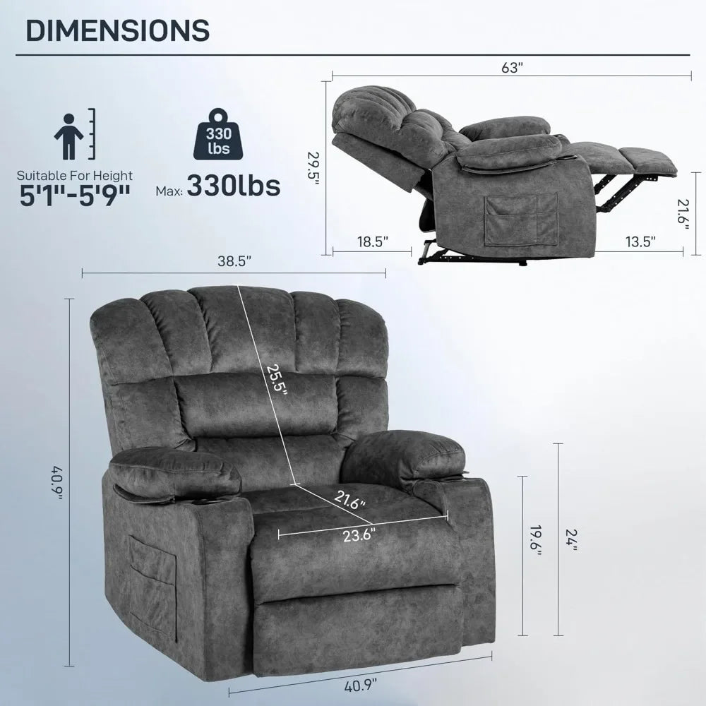 The New-Recliner Chair Modern Ergonomic Lounge Single Sofa Seat Living Room Gravity Recliners Foam Filling 2 Cup