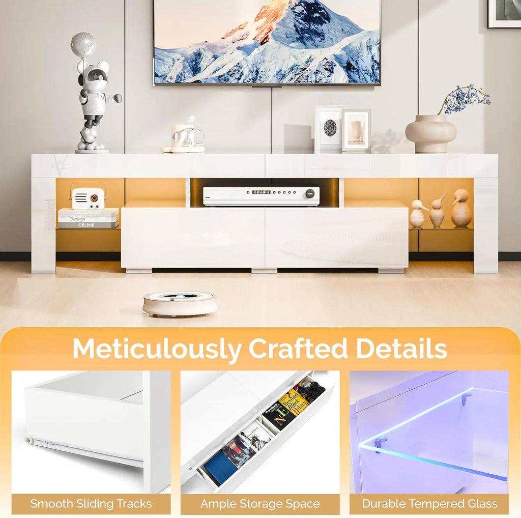 63'' High Glossy Modern Entertainment Center with LED Lights and Storage for 55/60/65/70 Inch TV (White, 63'' x 14'' x 18'')