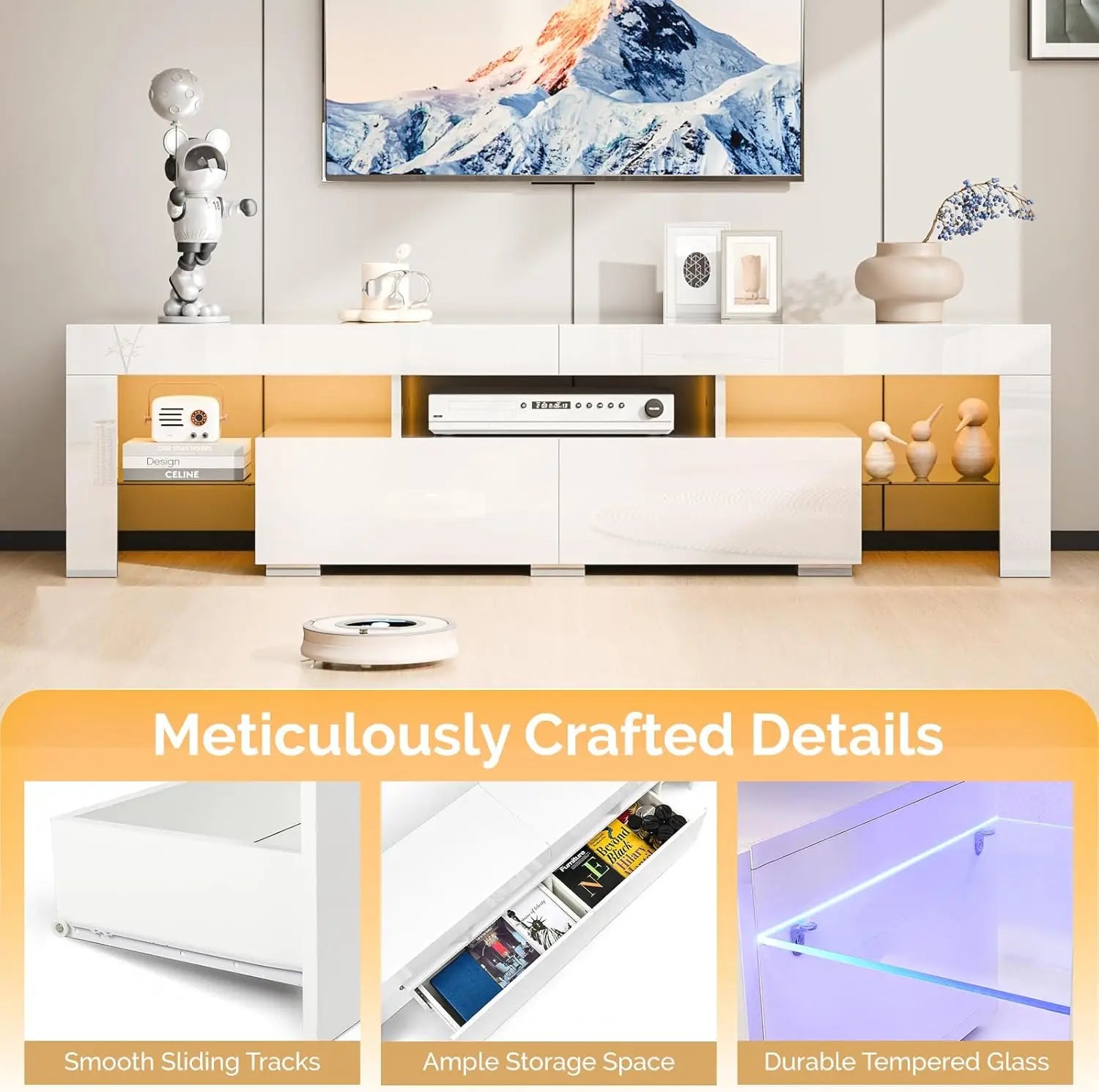 63'' High Glossy Modern Entertainment Center with LED Lights and Storage for 55/60/65/70 Inch TV (White, 63'' x 14'' x 18'')