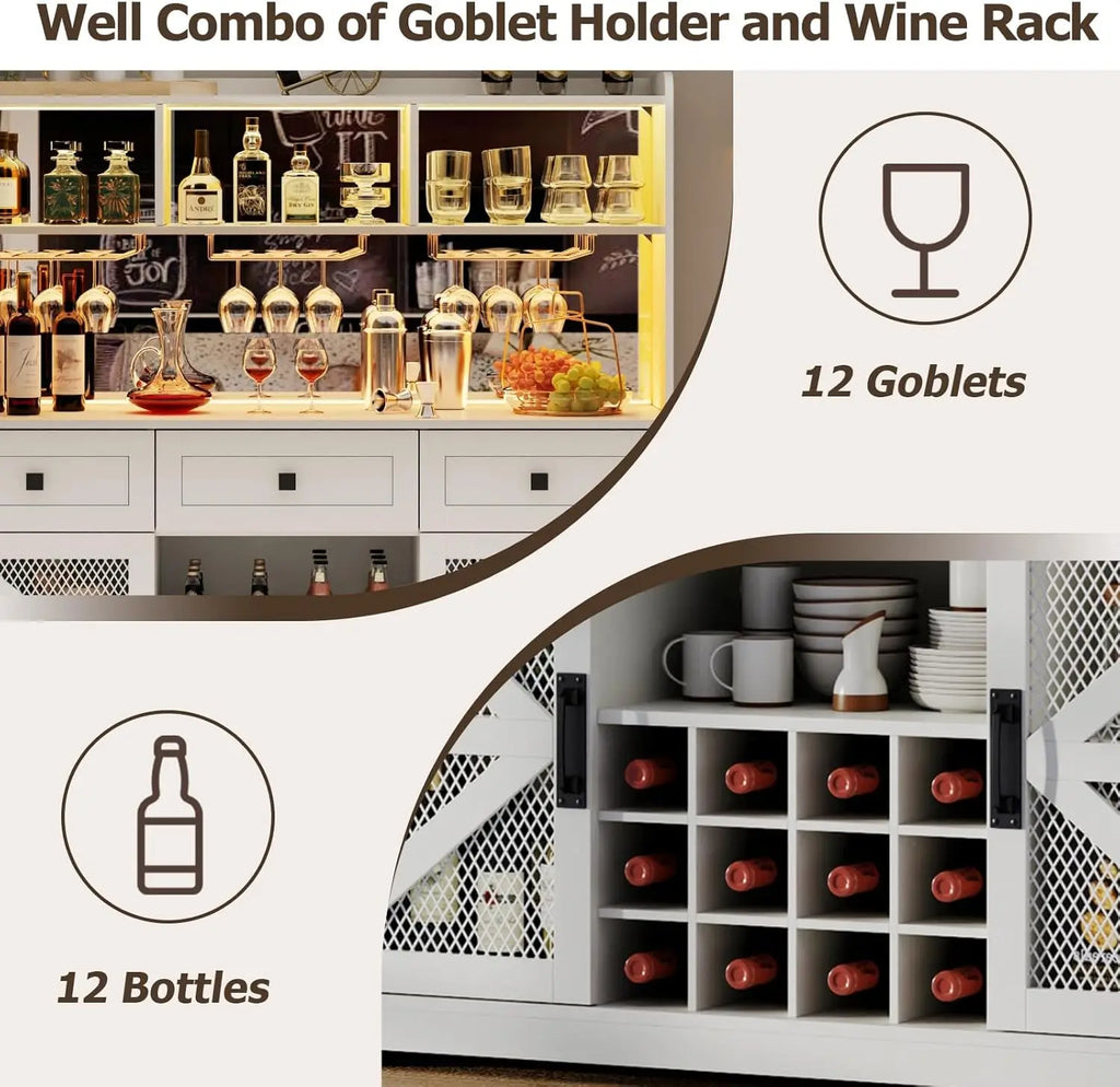 Farmhouse Wine Bar Cabinet with LED Lights, Kitchen Coffee Bar Cabinet with Acrylic Mirror, Wine & Glass Rack, Storage Shelves