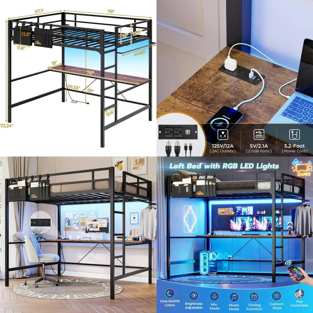 Full-Size Metal Loft Bed with Desk, LED Lighting, and Charging Station
