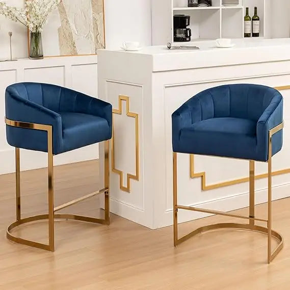 Counter Height Bar Stools Set of 2, Modern 27" H Barrel Counter Stools with Shell Back, Gold Velvet Bar Stools for Kitchen Island