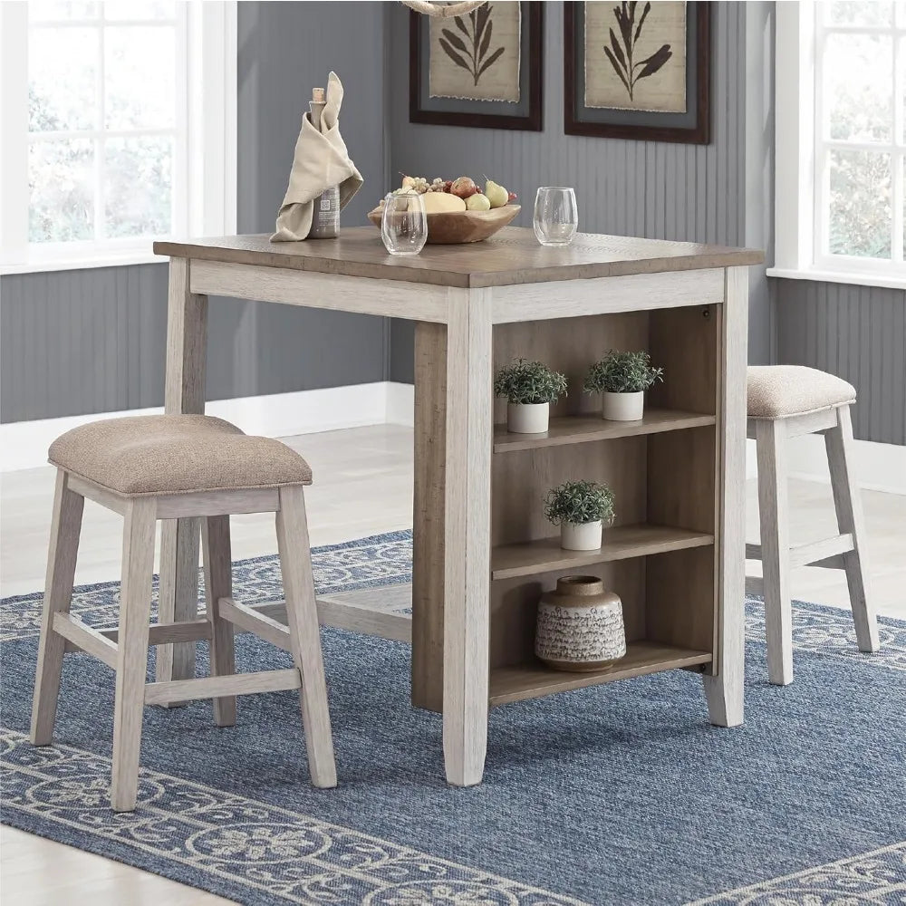 3 Piece Counter Height Dining Set, Includes Table and 2 Barstools, Whitewash