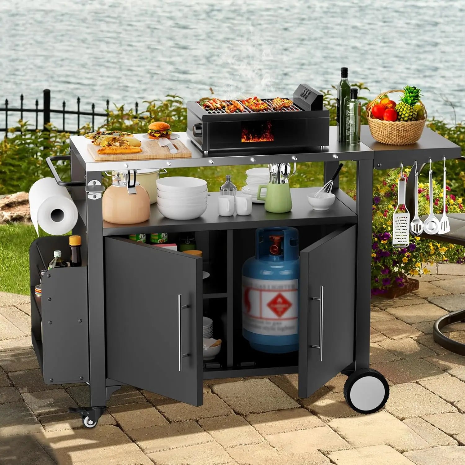 Outdoor Grill Cart with Storage ,Patio Kitchen Island with Wheels, Hooks, and Spice Rack, Waterproof Outdoor Grill Table