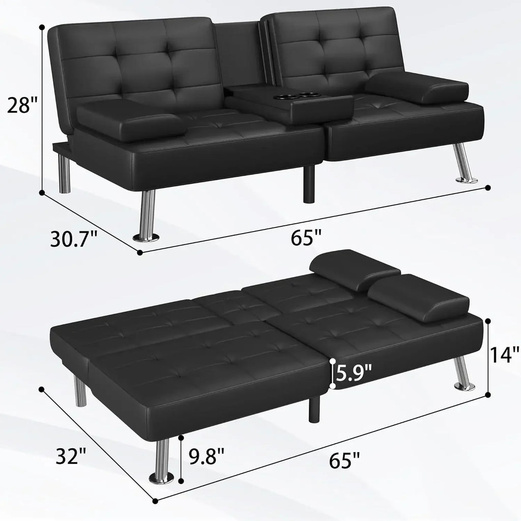 Futon Sofa Bed Modern Folding Futon Set Convertible Recliner Lounge for Living Room with 2 Cup Holders