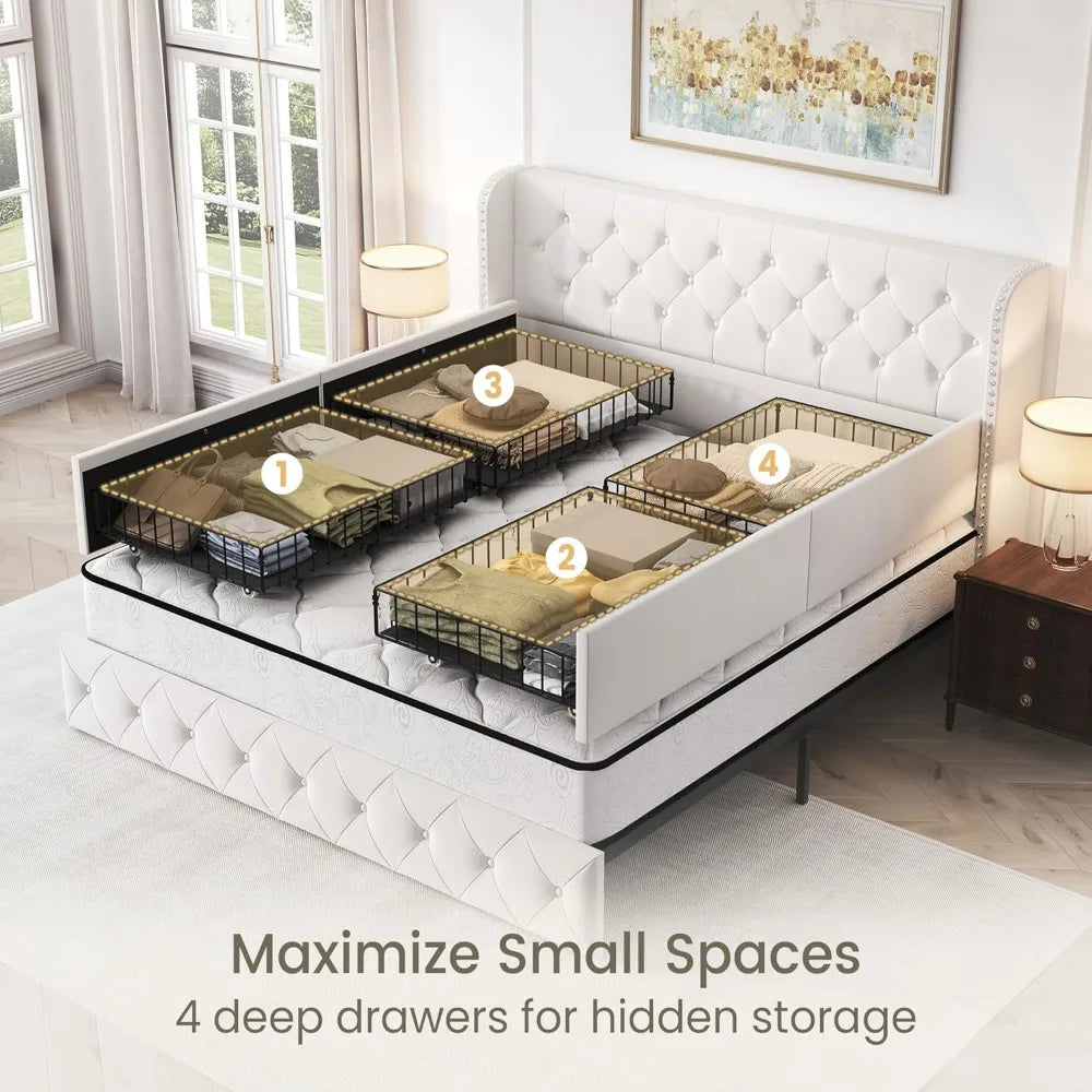 King Size Bed Frame with 4 Storage Drawers and Tufted Velvet Wingback Headboard/ Upholstered Platform Bed Frame