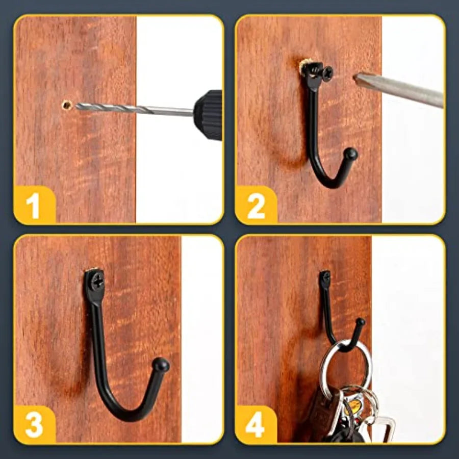 10 Pcs Black Single Prong Wrought Iron Hooks with Screws/ Decorative Colonial Wall Hooks, For Keys, Hats, Clothes, Towels