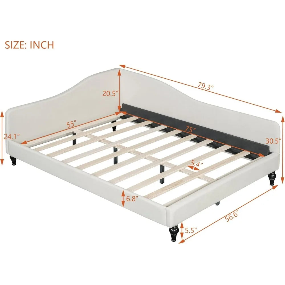 Full-Size Daybed Bed Frame with L-Shaped Linen Sofa Corner for Living and Guest Rooms, Solid Wood Legs, No Box Spring Need
