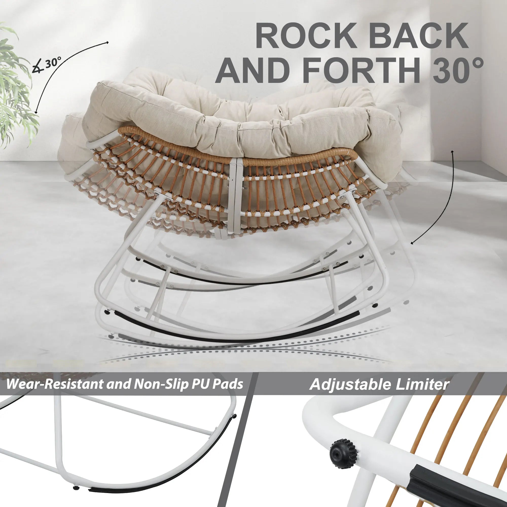 Outdoor Rocking Chair, Patio Wicker Egg Chair, Indoor Comfy Oversized Papasan Chair with Padded Cushion for Front Porch, Garden