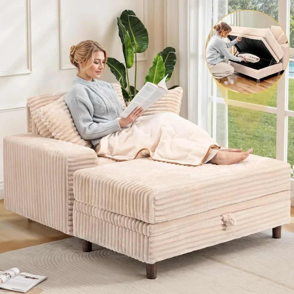 54" Oversized Chaise Lounge Chair Indoor, Comfy Sofa Bed with Storage and Ottoman, Upholstered Reading Chairs, Cloud Couches