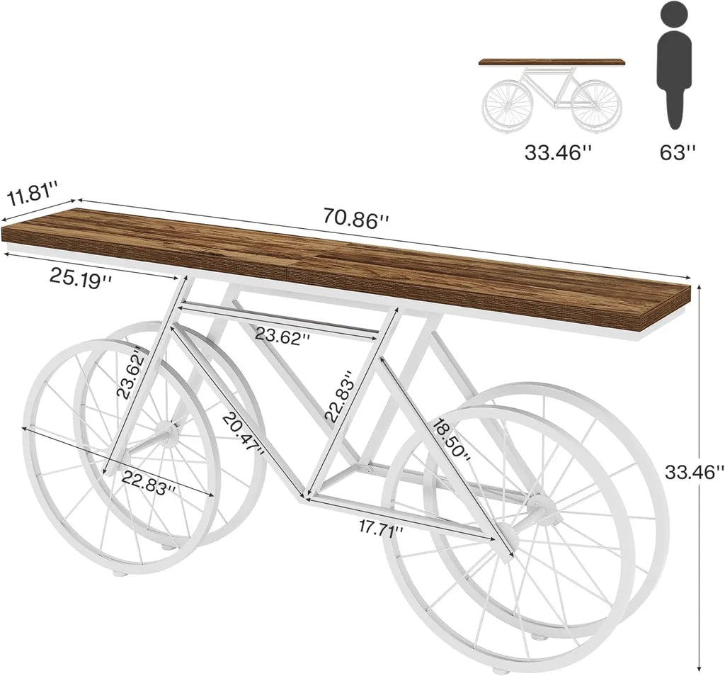 70.9-Inch Extra Long Console Table, Narrow Sofa Table with Bicycle Metal Base, Modern Industrial Entryway Table for Living Room