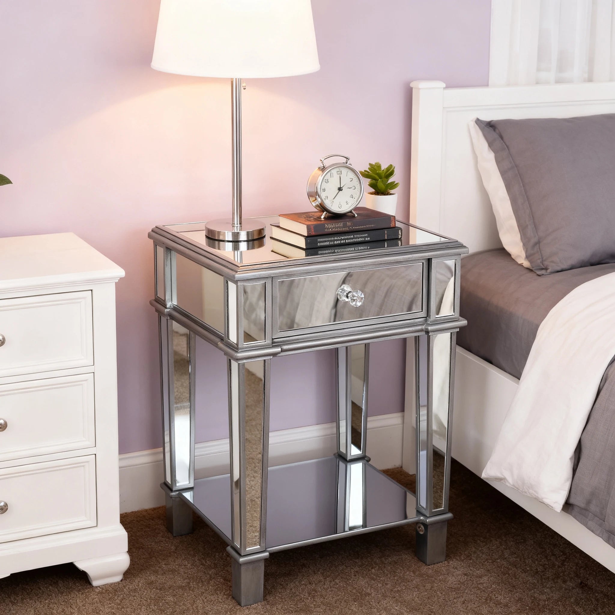 Silver Mirrored Nightstand, End Side Table for Bedroom, Living Room Bedside Table with Drawer and Open Shelf