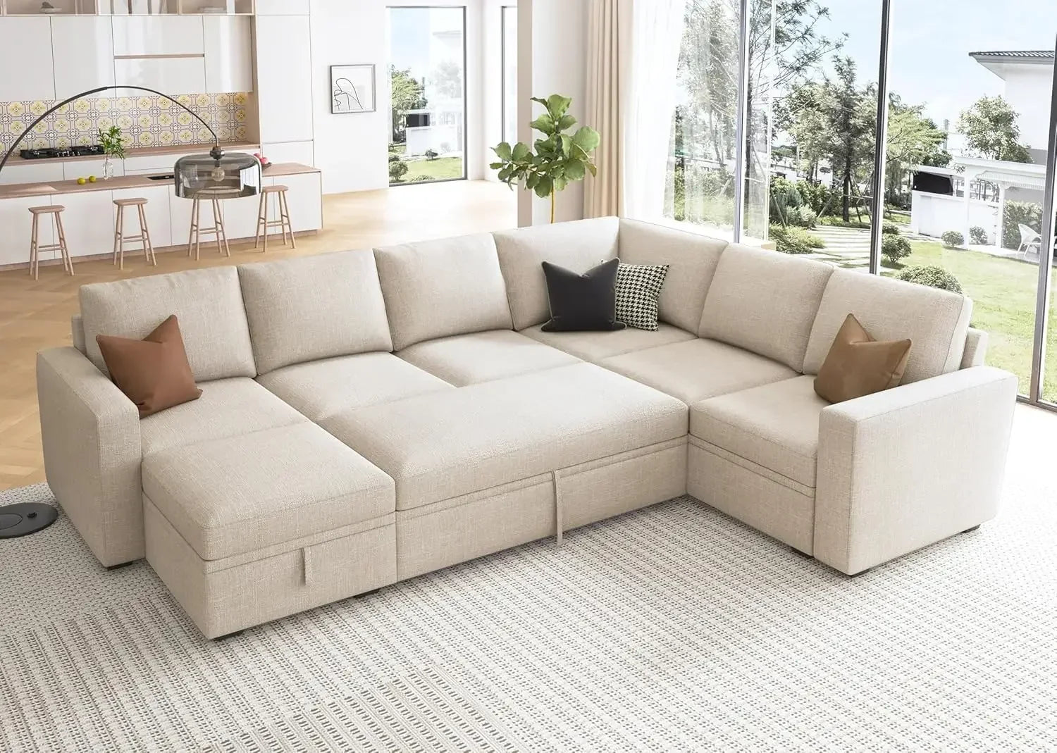 Modular Sectional Sleeper Sofa with Pull Out Bed, U Shaped Sectional Couch with Storage Ottoman, Convertible 7-Seater Sofa,