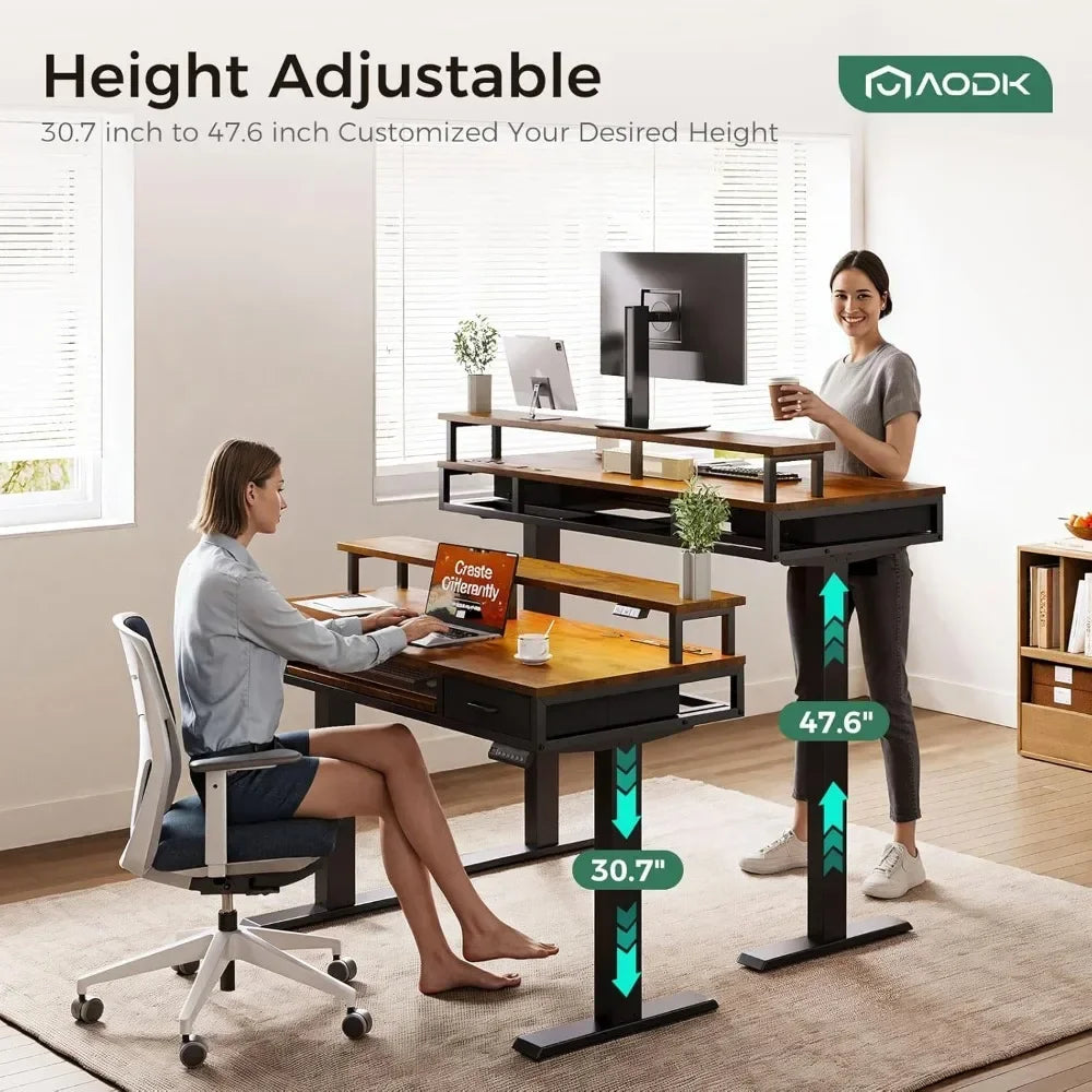 Electric Standing Desk with Drawers & Keyboard Tray, 55" Height Adjustable Gaming Desk with Power Outlets & LED Lights