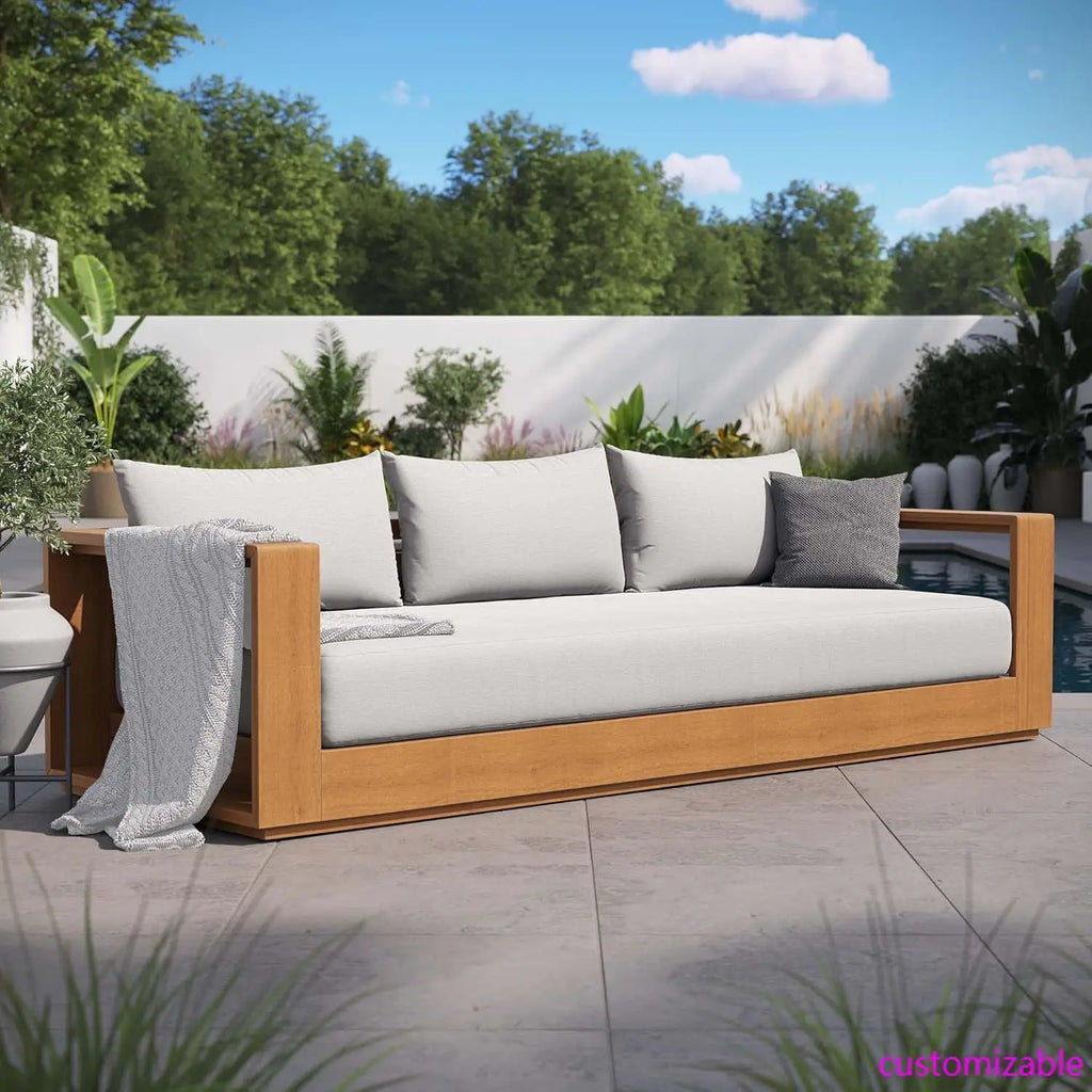Tahoe Acacia Wood Outdoor Patio Sofa in Natural Light Gray Weather-Resistant Cushions-Ideal as a Porch Couch or Sunroom Sofa