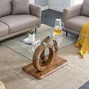 Glass Coffee Table, Coffee Table for Living Room, 47'' Modern Tempered Glass Tabletop with DoubleO MDF Leg and Silver Metal Base