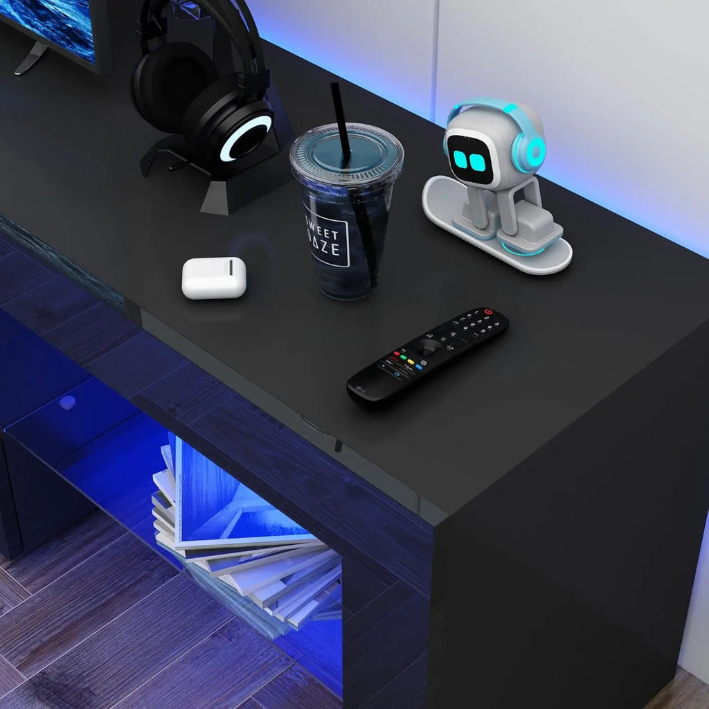 LED TV Stand for 75/85/90 inch TV, High Glossy Modern Entertainment Center with Drawer and Led Lights, Television Table Media