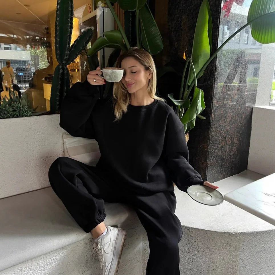 Fashionable Solid Color Loose Round Neck Sweatshirt with Belt/ Casual 2-Piece Set Women's Street Style Polyester Long Pants