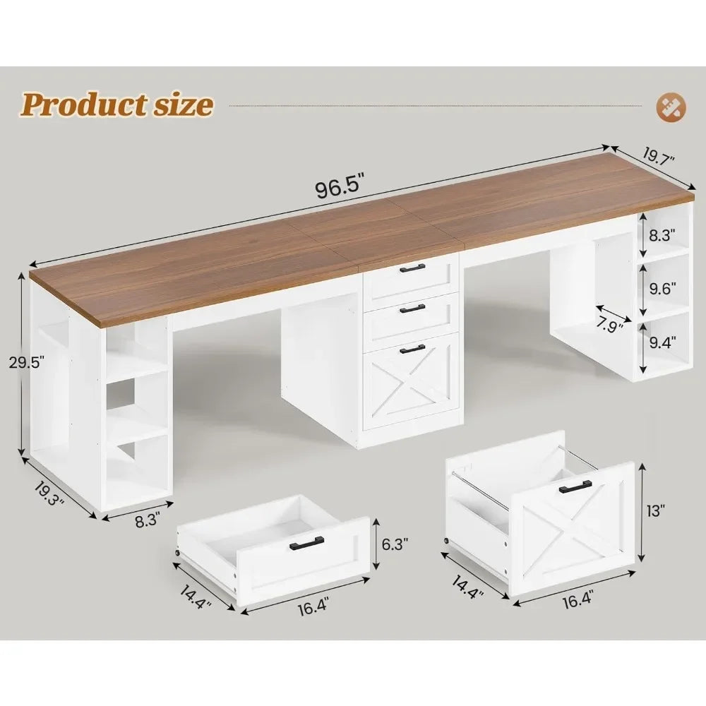 Farmhouse 96.5 Computer Desk with Drawers, 2 Person Home Office Desk, Gaming Double Desk with Storage Shelves