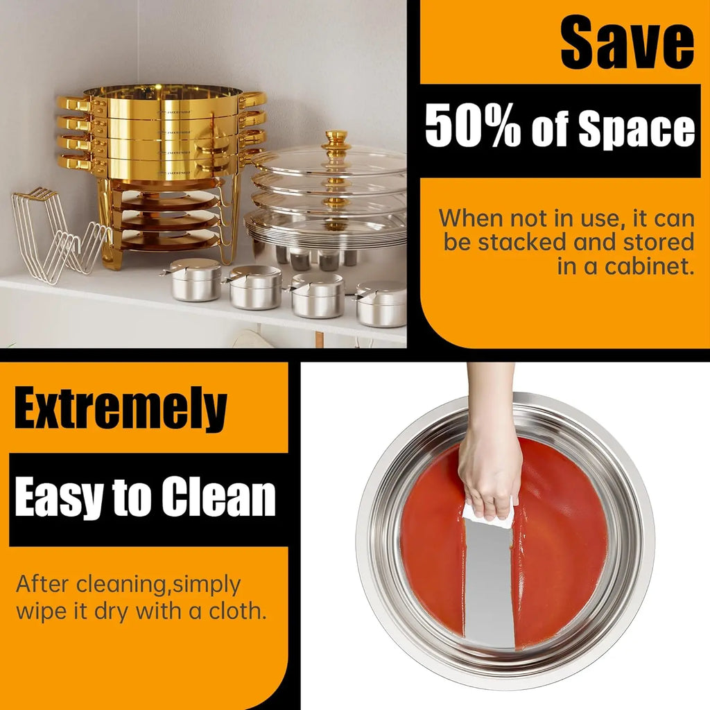 4-Pack Gold Round Chafing Dish Set, 5QT Buffet Warmers with Glass Lid for Parties, Weddings, Catering