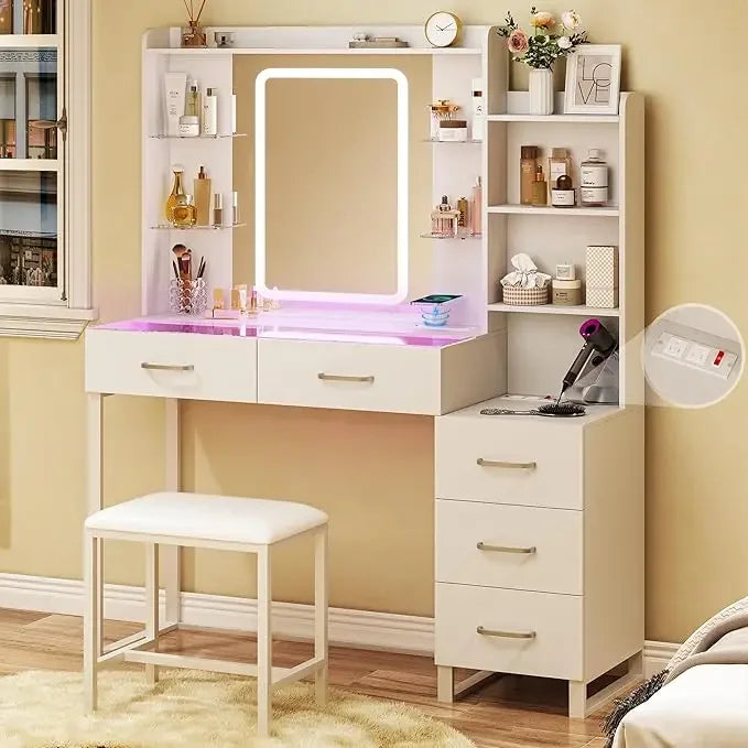 Luminated 43" Makeup Vanity Desk with Glass Surface and Wireless Charging, Featuring LED Drawers in 3 Color Options