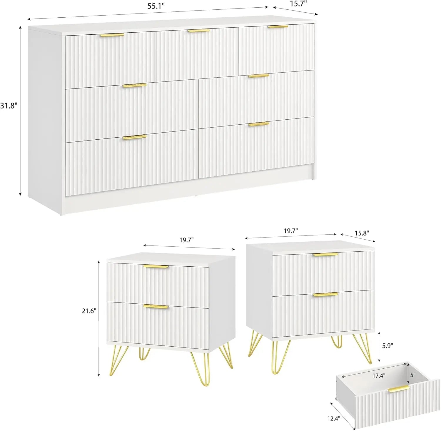 Mid-Century 3-Piece Bedroom Furniture Set: 2-Nightstands and 7-Drawer Dresser with Gold Hardware