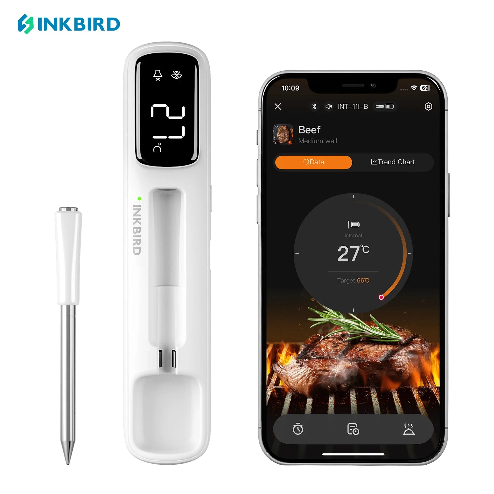 INKBIRD INT-11I-B Mini Wireless Meat Thermometer, Bluetooth 5.4 1000ft, 1s Response, IP67, 26 Presets, LED Display, for BBQ/Gril