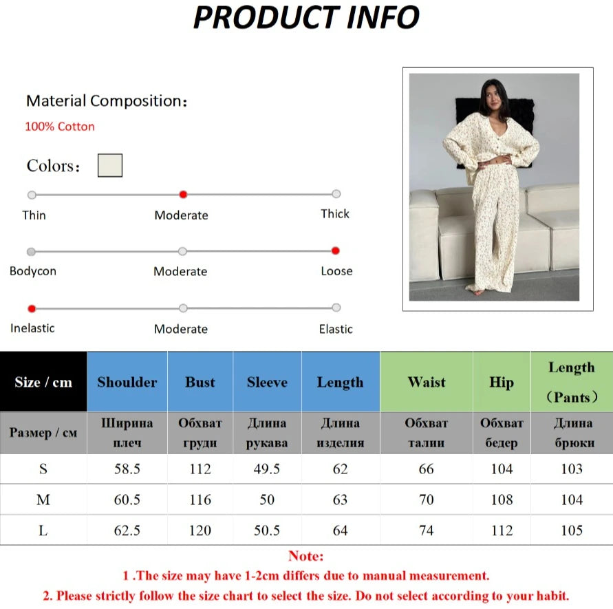 100% Cotton Printed Cardigan Pajama Set Women's / Long Sleeved Pants Pajamas/ Loose Home Clothing /2-piece Set