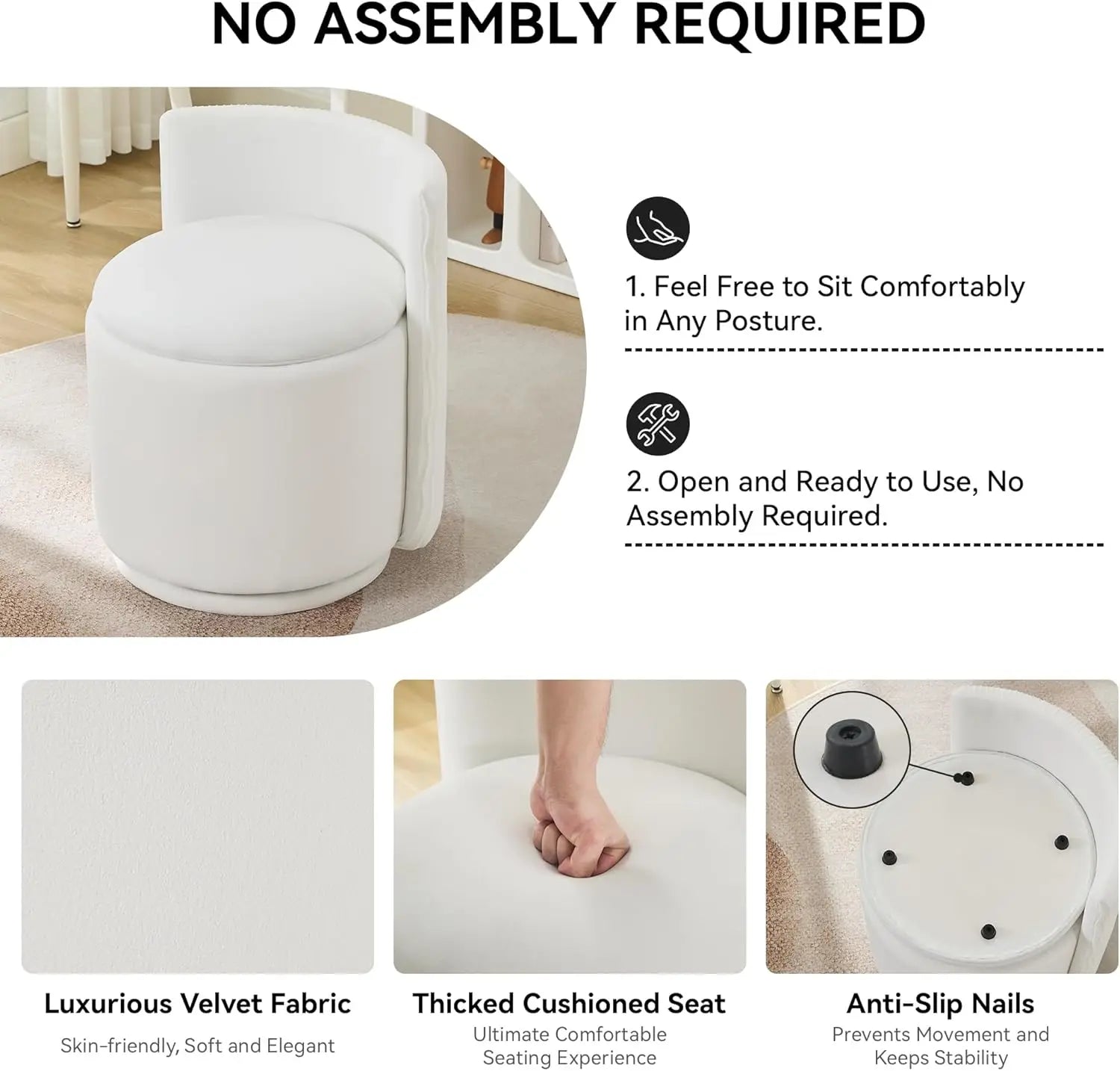 Velvet Vanity Chair with Storage, 360° Swivel Makeup Chair with Wave Back, No Assembly/ Small Accent Stool