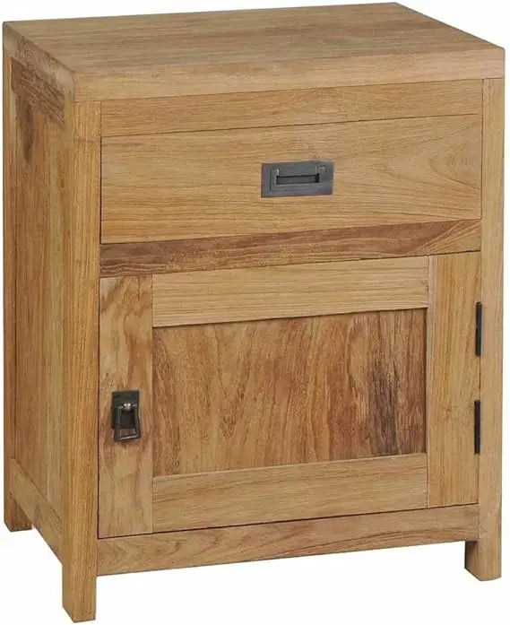 Teak Bedside Cabinet with Drawer and Cupboard, Rustic Hardwood Storage for Bedroom or Living Room, Durable Multi-Functional
