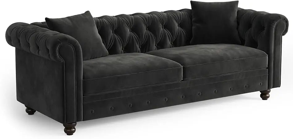82 Inch Chesterfield Sofa, 23 Inch Deep Seat Velvet Couch for Living Room, Button Tufted Couch with Rolled Arms, 2 Throw Pillows