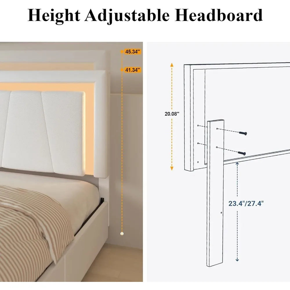 Full Bed Frame with 4 Storage Drawers and Adjustable Headboard, Upholstered Platform Bed with LED Lights and USB Ports