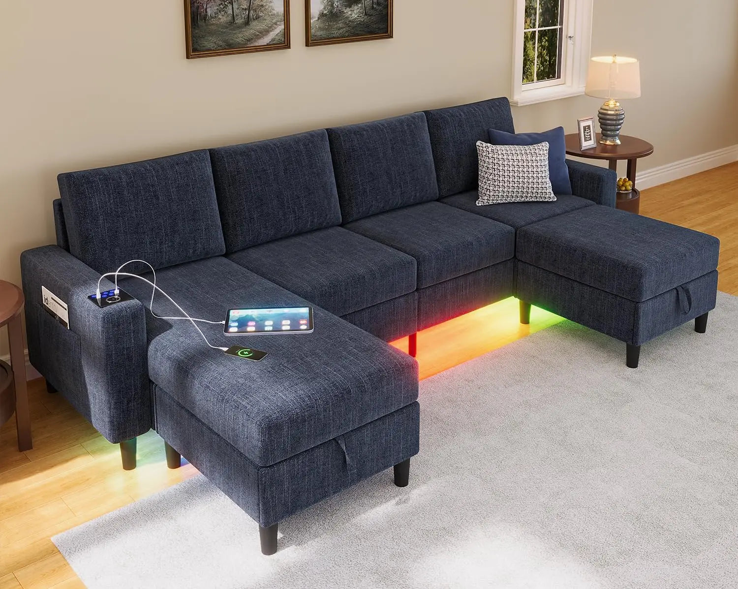 Smart Sectional Couches for Living Room, 6 Seat U/L Shaped Sectional Sofa with RGB Light/Charging,