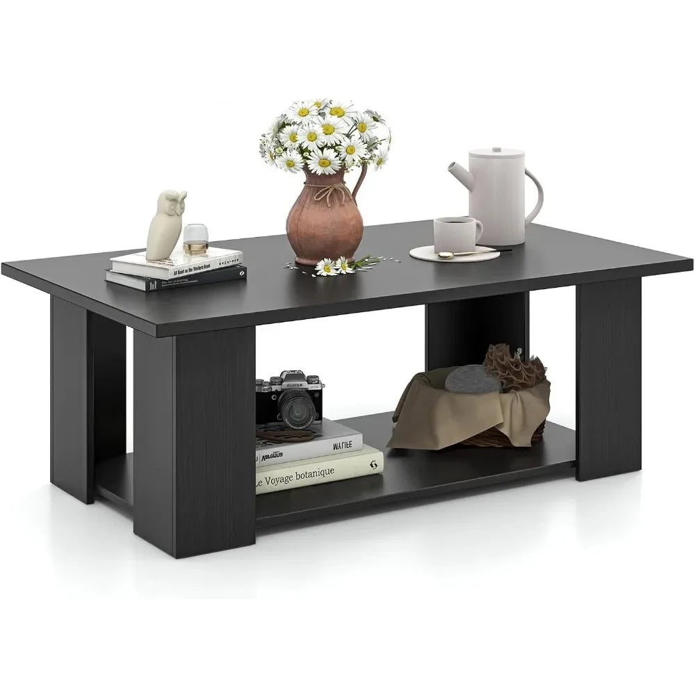 2-Tier Coffee Table, Modern Rectangular Center Cocktail Table with 5 Support Legs, Wooden Accent Living Room Furniture