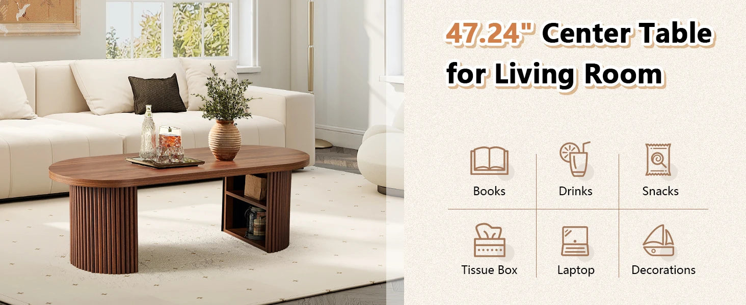 AVZEAR Oval Fluted Coffee Table for Living Room, Mid Century Modern Coffee Table with Storage, Curved Round Wooden Center Table