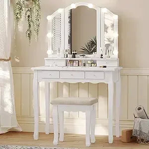 New Vanity Table Set with Lighted Tri-Folding Mirror, Makeup Vanity with Lights & 3 Color Lighting Modes, Vanity Desk/ Mirror