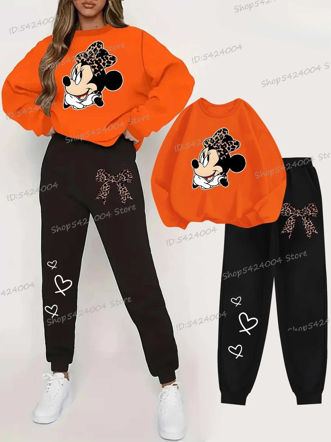 Cartoon Mickey Mouse Printed Two-Piece Set Women Fashion/ Minnie Sweatshirt + Pants 2Pc Suit Women Pullover Set