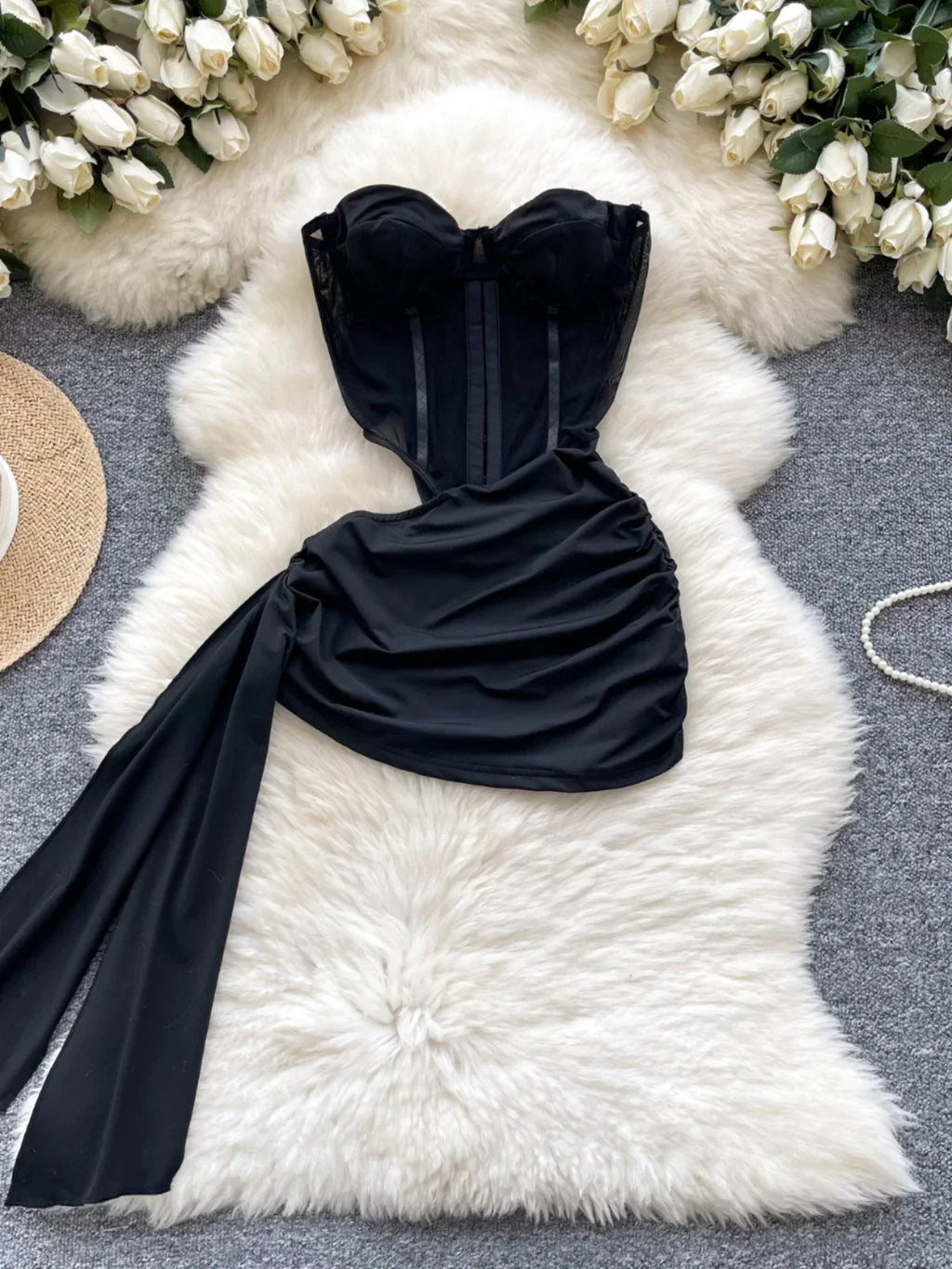American Sexy Hollowed-out Waist Tube Top Dress for Women/ Pleated Waist Hip-Wrapped Streamer Short Dress