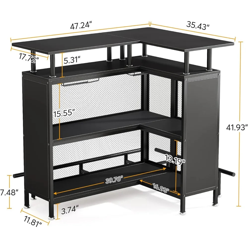 Home Bar Unit, L-Shaped Bar Table with Stemware Racks and 2-Tier Shelves, Corner Mini Coffee Liquor Cabinet with Footrest