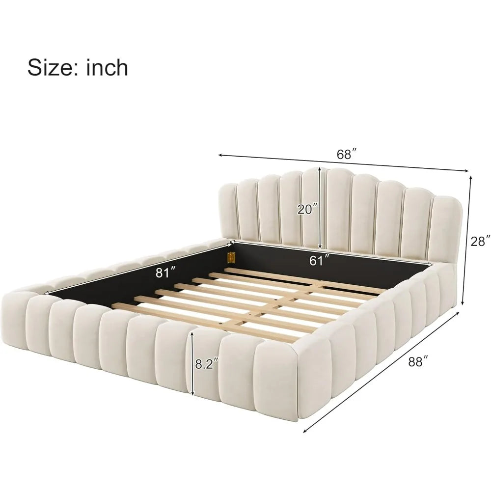 Queen Size Velvet Platform Bed Frame with Shell Headboard and All-Around Cushioning