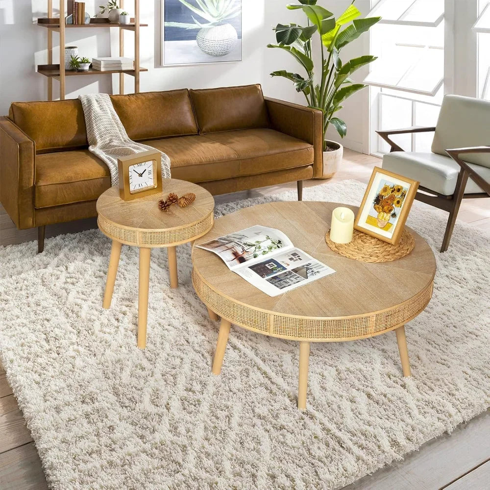 2-Piece Modern Rustic Coffee Table Set Solid Wood Finish Sofa Side Tea Tables with Crafted Rattan End Table