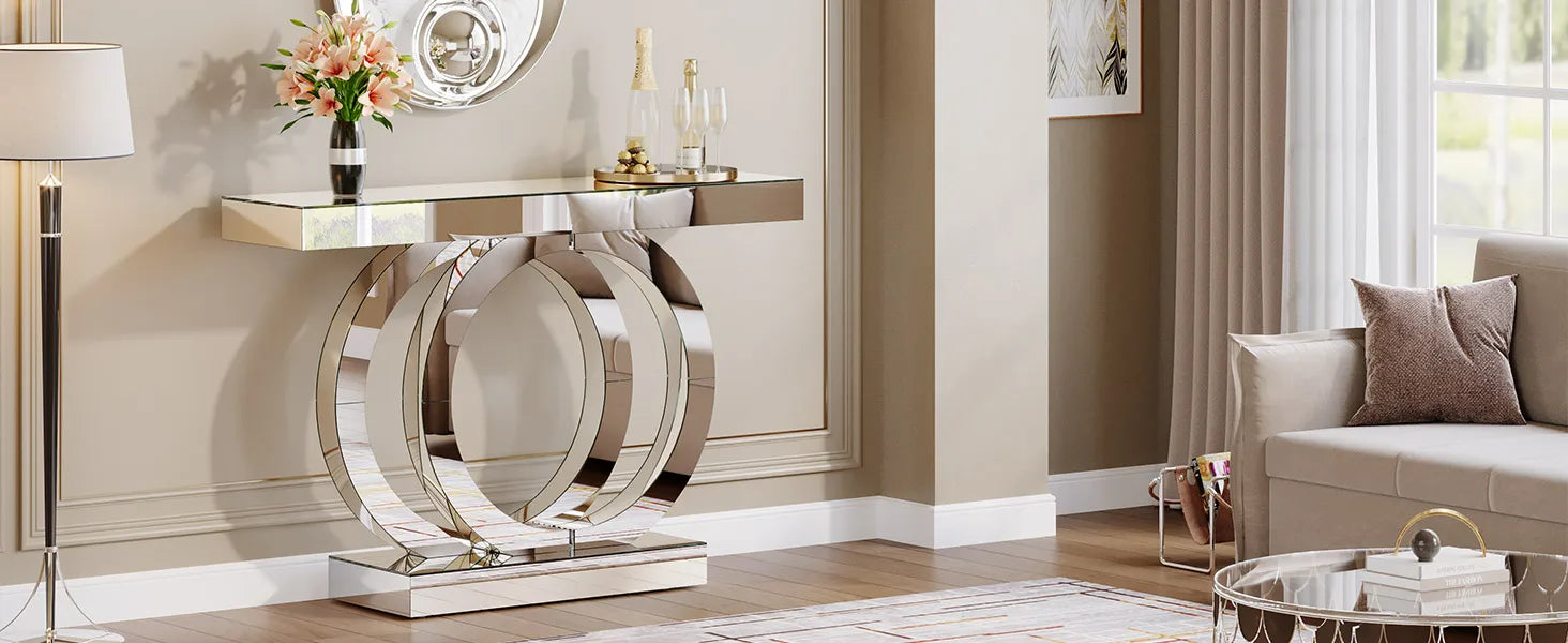 43.3-Inch (110cm) Mirrored Console, Entryway Table with Thickened Mirror Finish Tabletop