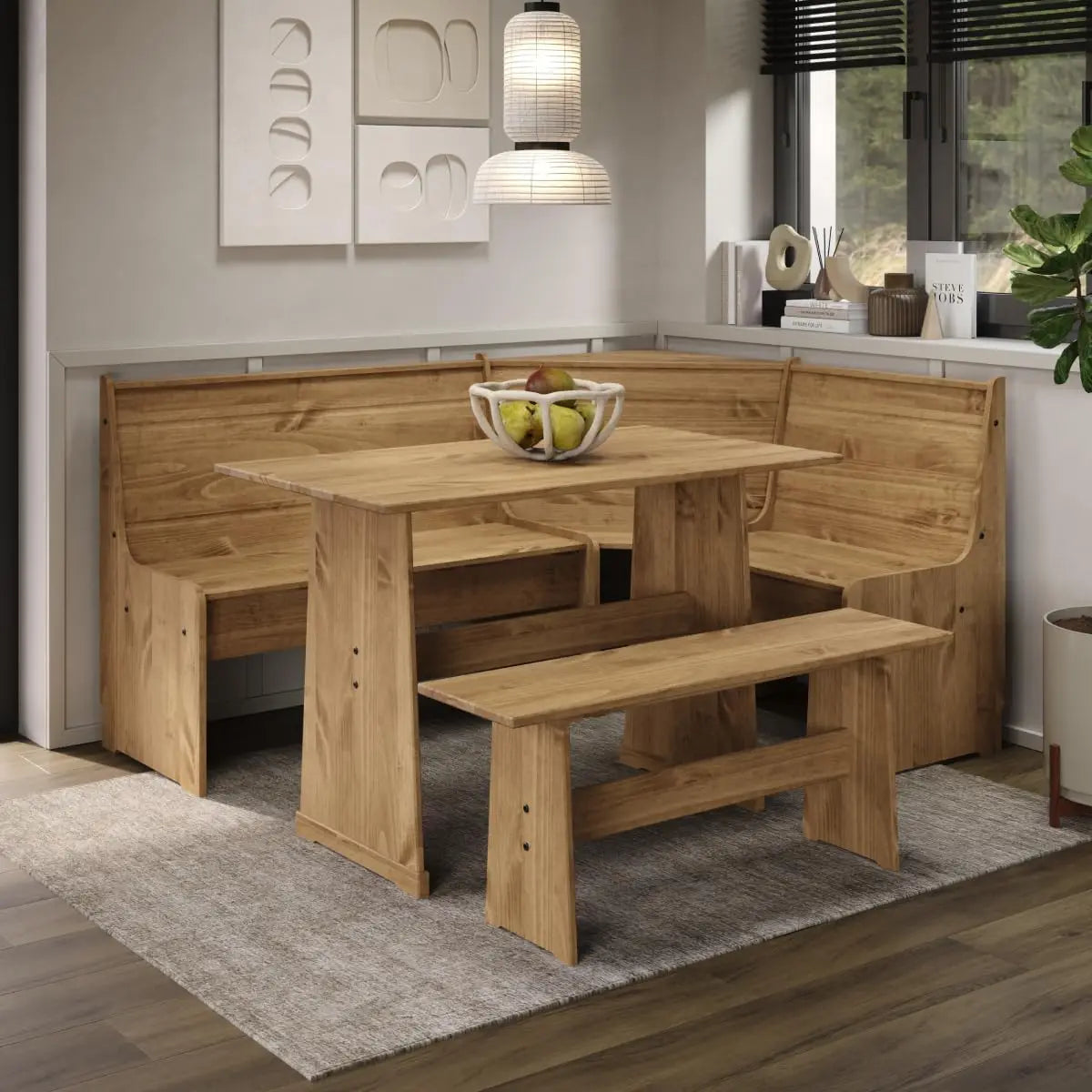 Solid Wood Corner Dining Set 64.8" W x 19.9" D x 33.4" H- Farmhouse Table and Bench Set, Farmhouse Furniture for Dining Room