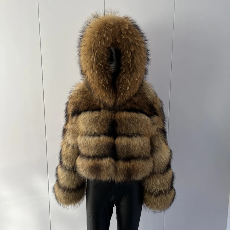 BEIZIRU Women's Real Raccoon Fur Coat Winter Long Sleeve Hooded Jacket with Turndown Collar/ Natural Luxury /Thick Top