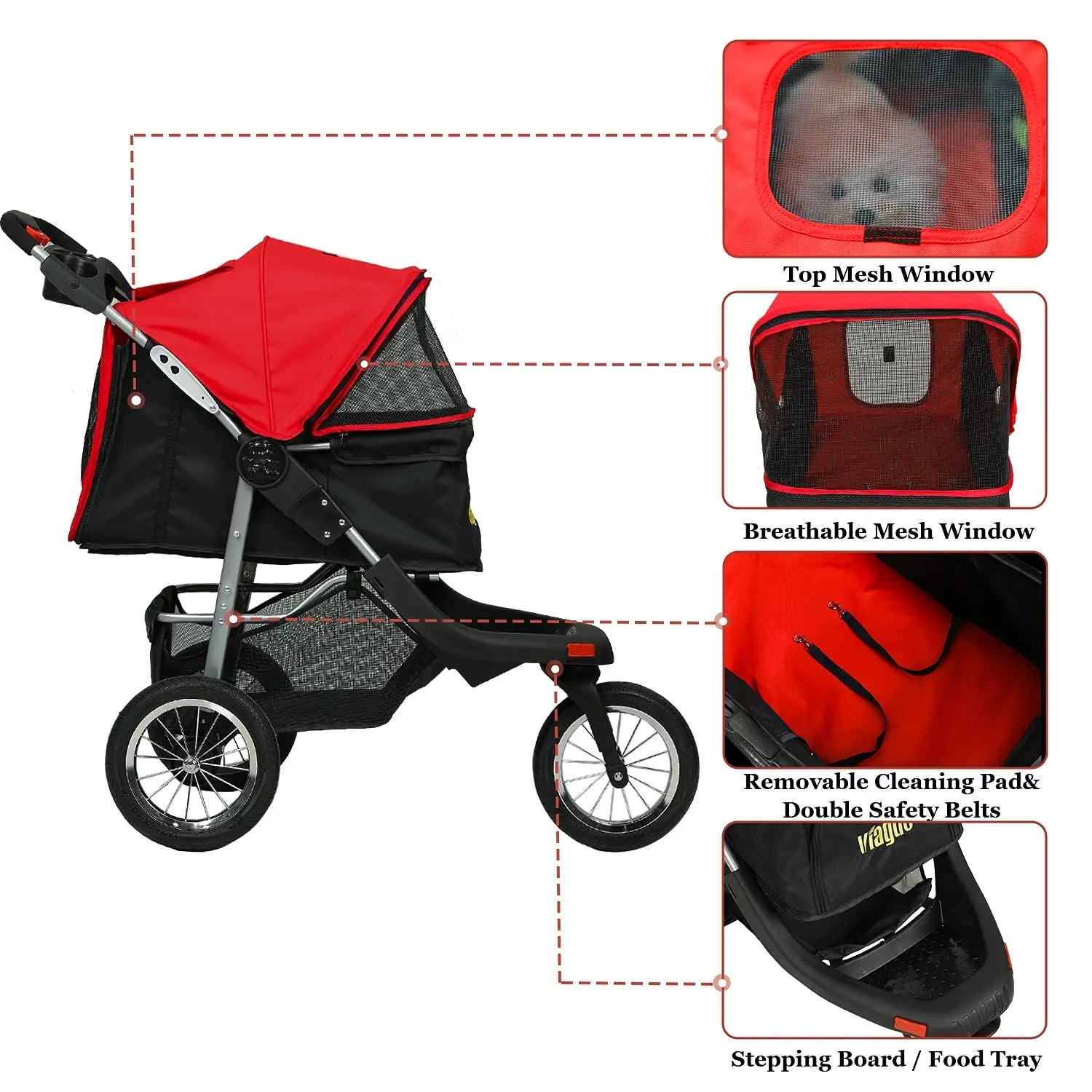Rugged 3-Wheel Dog and Cat Stroller for Medium and Small Pets with Foldable Design and Suspension