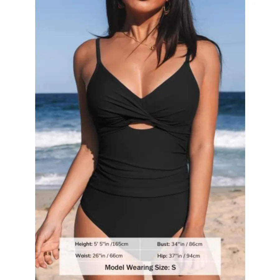 One Pcs Swimsuit for Women / Twist Front Cutout Adjustable Straps Ruched Swimwear