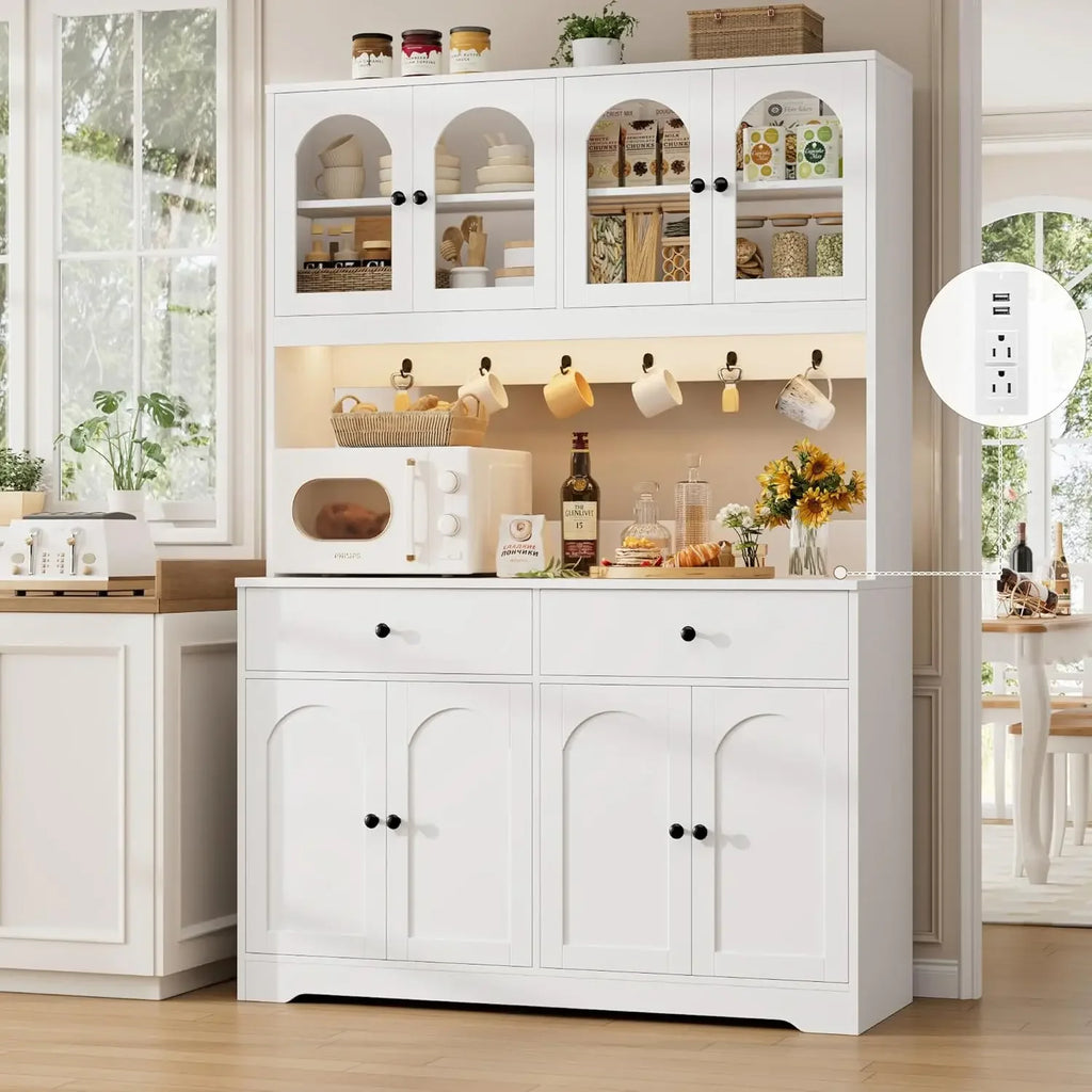 71" LED Kitchen Pantry Cabinet with Power Outlet, Large Kitchen Hutch Storage Cabinet with Arched Door & Shelves, 2 Drawers