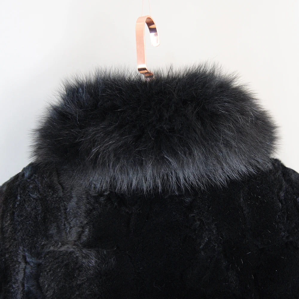 New Fashion Lady 100% Natural Rex Rabbit Fur Coat/ Women Winter Thick, Warm, Real Rex Rabbit Fur Jacket With Quality Fox Fur Collar