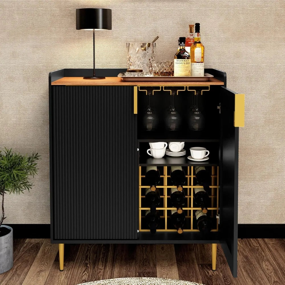 Sideboard Buffet Cabinet with Fluted Texture, Modern Coffee Bar Cabinet with Wine Rack &Drawers, Black Liquor Cabinet for Kitchen