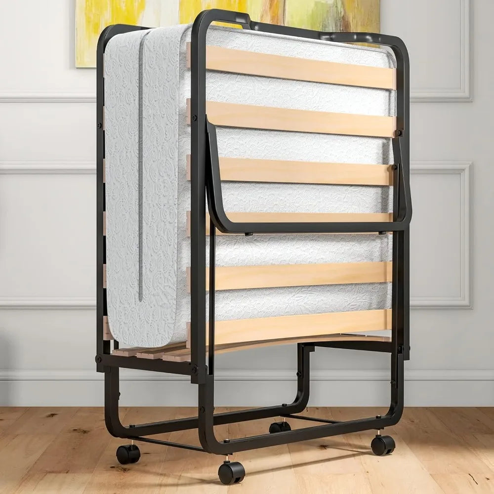 Folding Bed with Mattress for Adults, Cot Size Rollaway Bed for Guest, Portable Foldable Bed w/Memory Foam Mattress & Metal Fra